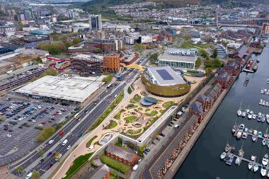 Aerial view of Swansea Marina and Swansea Arena
